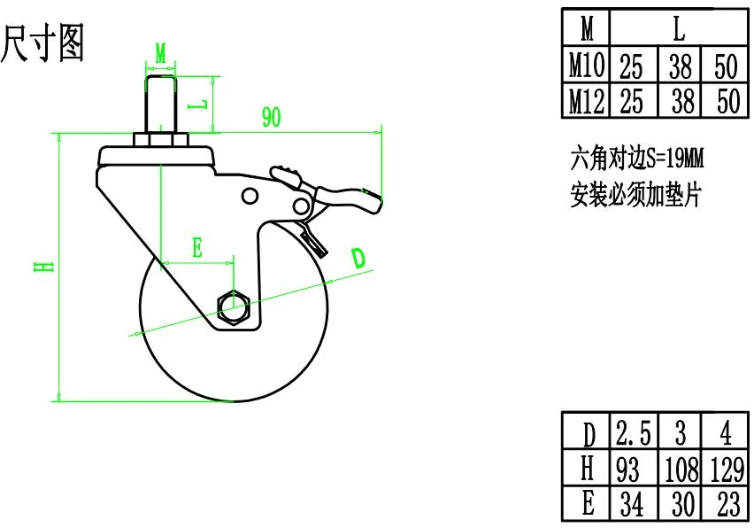 light duty PU caster Threaded Stem Brake
